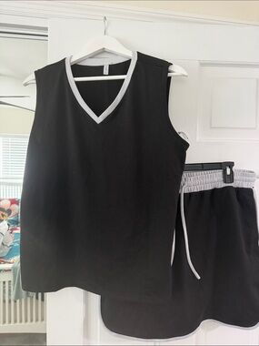 Sleeveless V-Neck Top and Skort Set - Black with Gray Trim